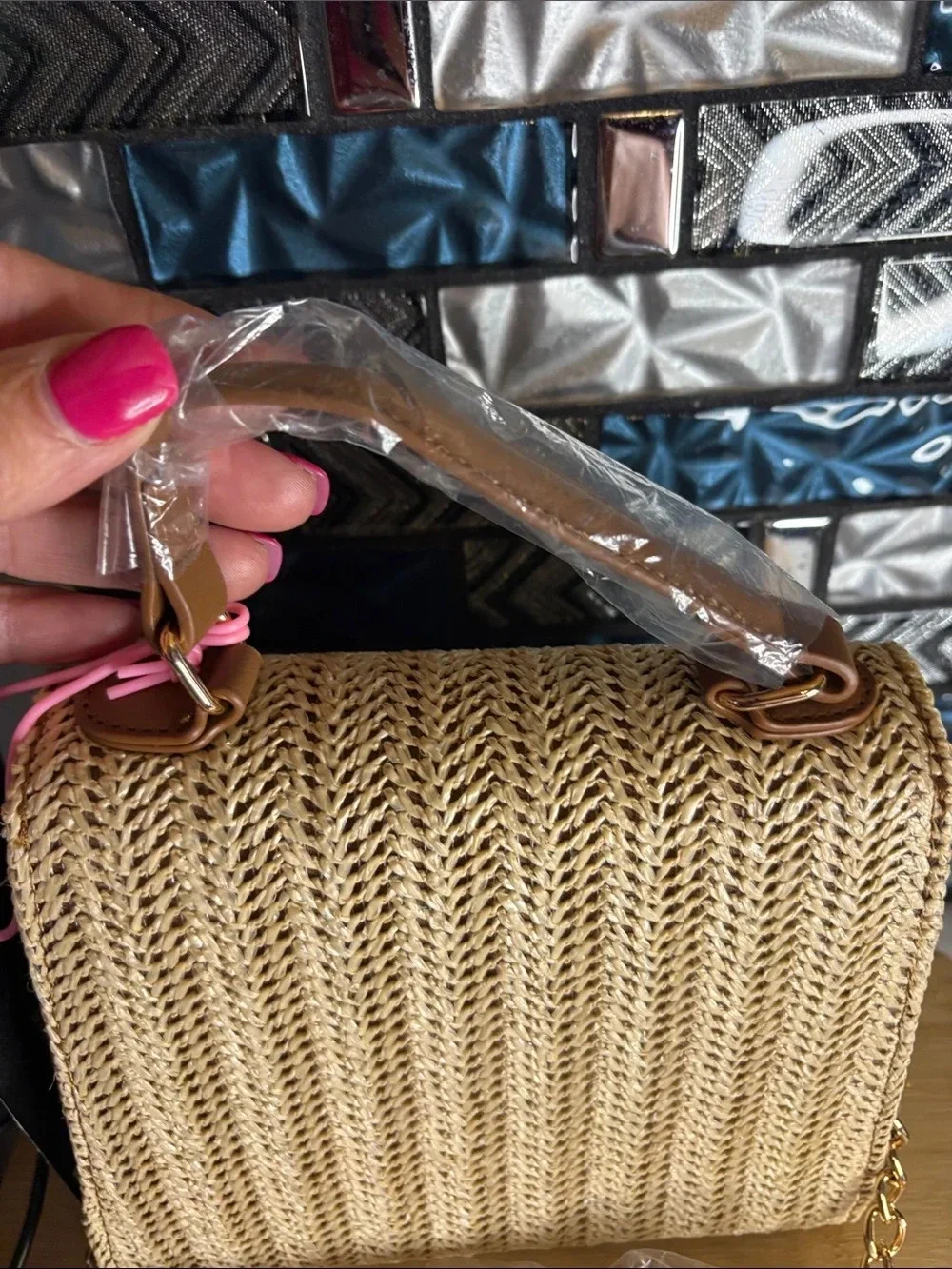 Woven Straw Satchel with Brown Trim and Gold Hardware